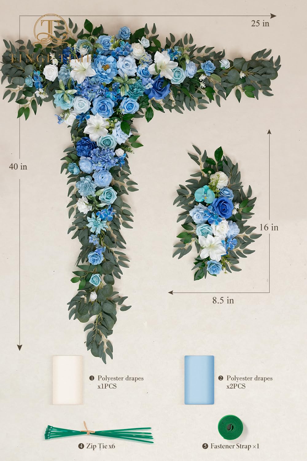 TINGE TIME Wedding Arch Flowers Kit - Deluxe 5pcs Artificial Floral Swag with 3 Sheer Drapes, Realistic Silk Flower Arrangements for Wedding Ceremony Arbor Backdrop Reception Party Home Decor