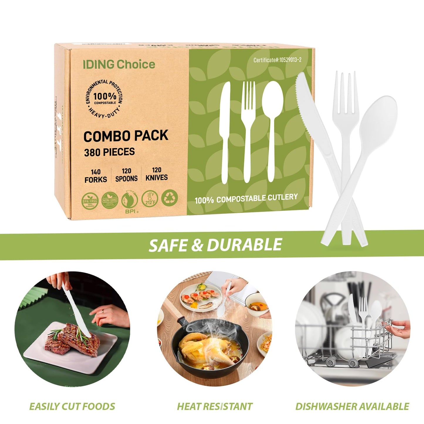 IDING Choice 380 Count Heavy Duty Compostable Cutlery Set 140 plastic forks 120 spoons 120 knives eco-friendly no plastic silverware compostable utensils for Weddings, Parties, Office, Camping, Picnic