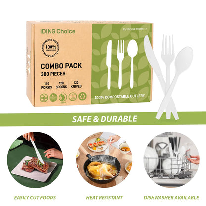 IDING Choice 380 Count Heavy Duty Compostable Cutlery Set 140 plastic forks 120 spoons 120 knives eco-friendly no plastic silverware compostable utensils for Weddings, Parties, Office, Camping, Picnic