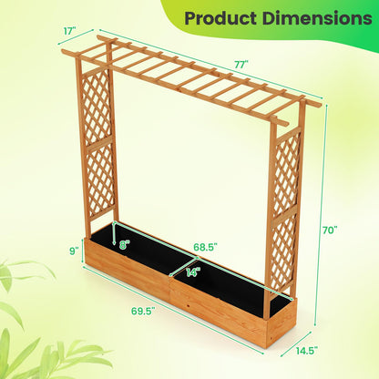 Giantex Set of 2 Raised Garden Bed with Trellis & Hanging Roof, Wood Planter Box with Bottom and Drainage Holes, Freestanding Garden Planter for Flower Vegetable Fruit Herb Climbing Vines, 77"x17"x70"