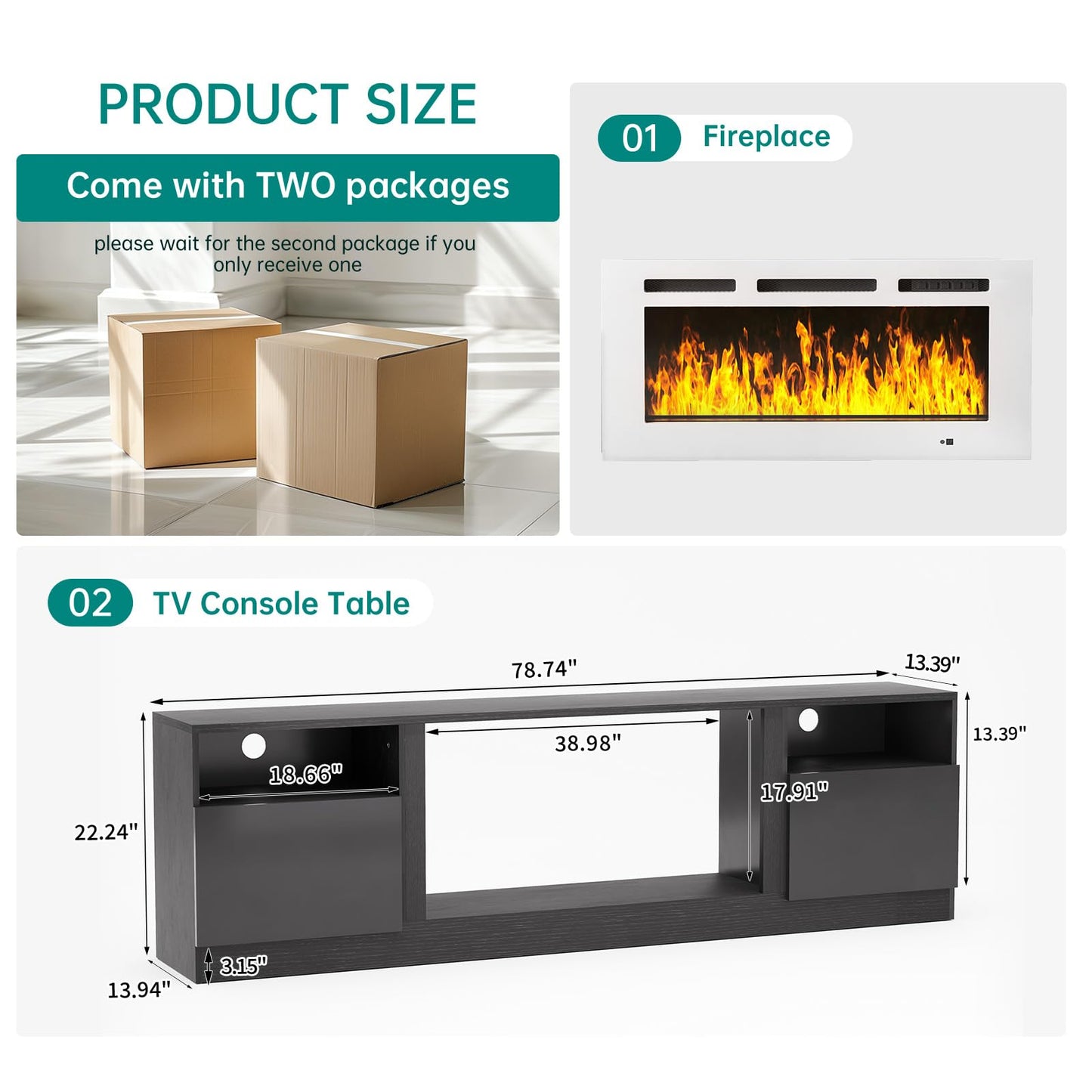 MXV 80" Fireplace TV Stand for TVs Up to 90", LED Light Entertainment Center with 36" Electric Fireplace, Modern Wood Texture TV Media Console with Highlight Storage Cabinet, Black-White