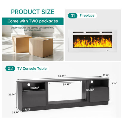 MXV 80" Fireplace TV Stand for TVs Up to 90", LED Light Entertainment Center with 36" Electric Fireplace, Modern Wood Texture TV Media Console with Highlight Storage Cabinet, Black-White