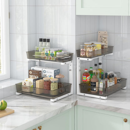 ADRIMER Under Sink Organizer 2 Packs, Pull Out Kitchen Sink Organizer, 2 Tier Slide Out Kitchen Organizers and Storage Bathroom Under Cabinet Storage Shelf, Grey & White