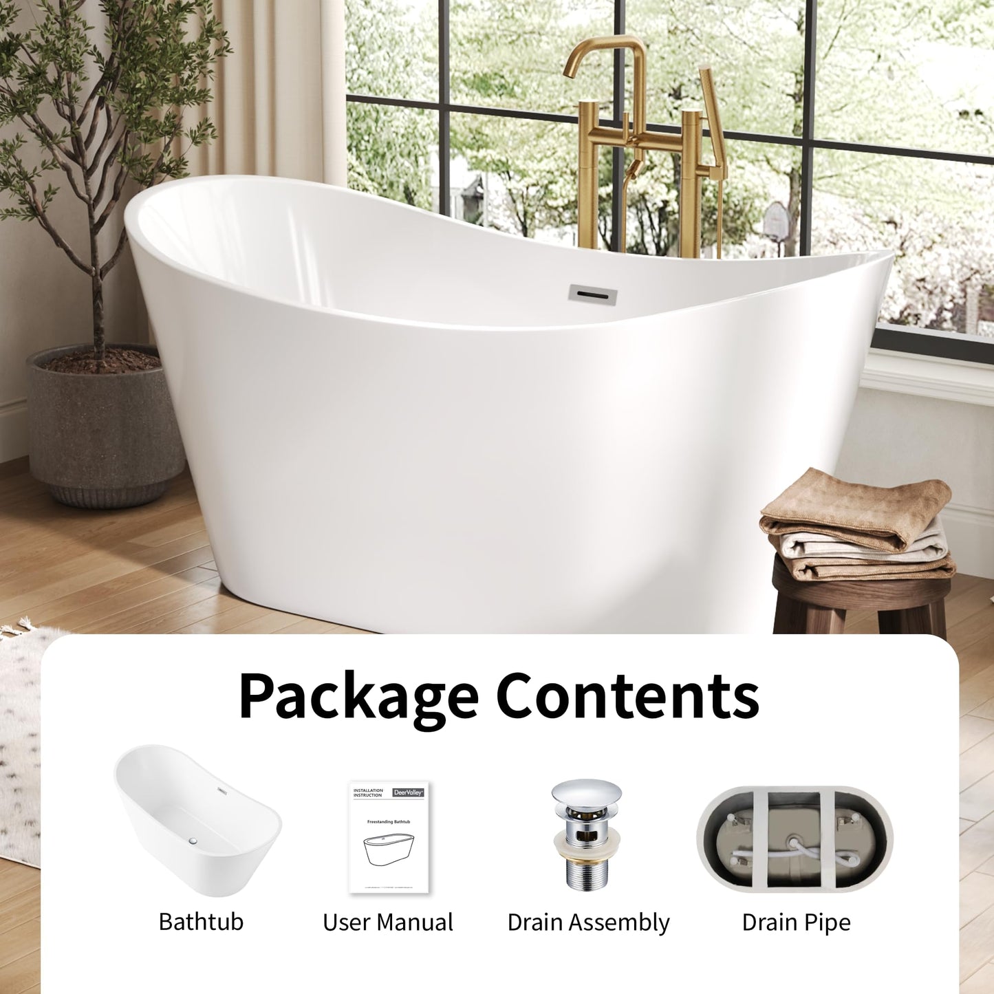 DeerValley 59" Free Standing Bathtub, Acrylic Soaking Tub with Center Drain & Integrated Overflow, Modern Standalone Shower Tub White, Deep Soaker, Ergonomic Design, DV-1T151S
