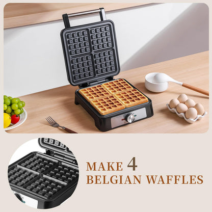 UVFAST Waffles Maker Waffle Iron, 4 Belgian Square Waffle Maker, Belgian Waffle Maker Thick with Non-stick Plate, Breakfast Waffle Machine Make Waffle in Minutes, 3 Browning Level, 1200W