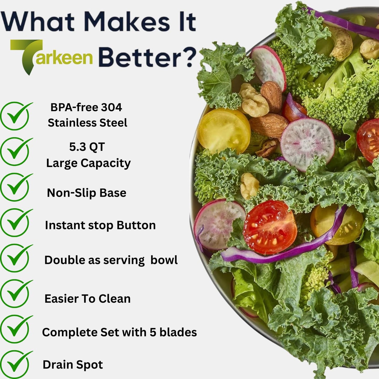 Tarkeen Stainless Steel Salad Spinner Large, BPA-Free Lettuce Spinner, 3-in-1 Salad Bowl & Fruit Cleaner with Non-Slip Base, Dishwasher Safe, 5 Blade Slicer & Egg Yolk Separator, 5.3Qt