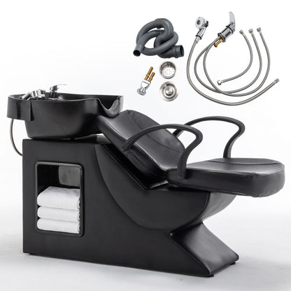 KEIKI Shampoo Bowl and Chair Set for Salon, Hair Washing Station with ABS Sink & PU Leather Chair, Ergonomic Chair with Neck Rest, Side Storage, Hot/Cold Faucet & Sprayer for Spa, Black