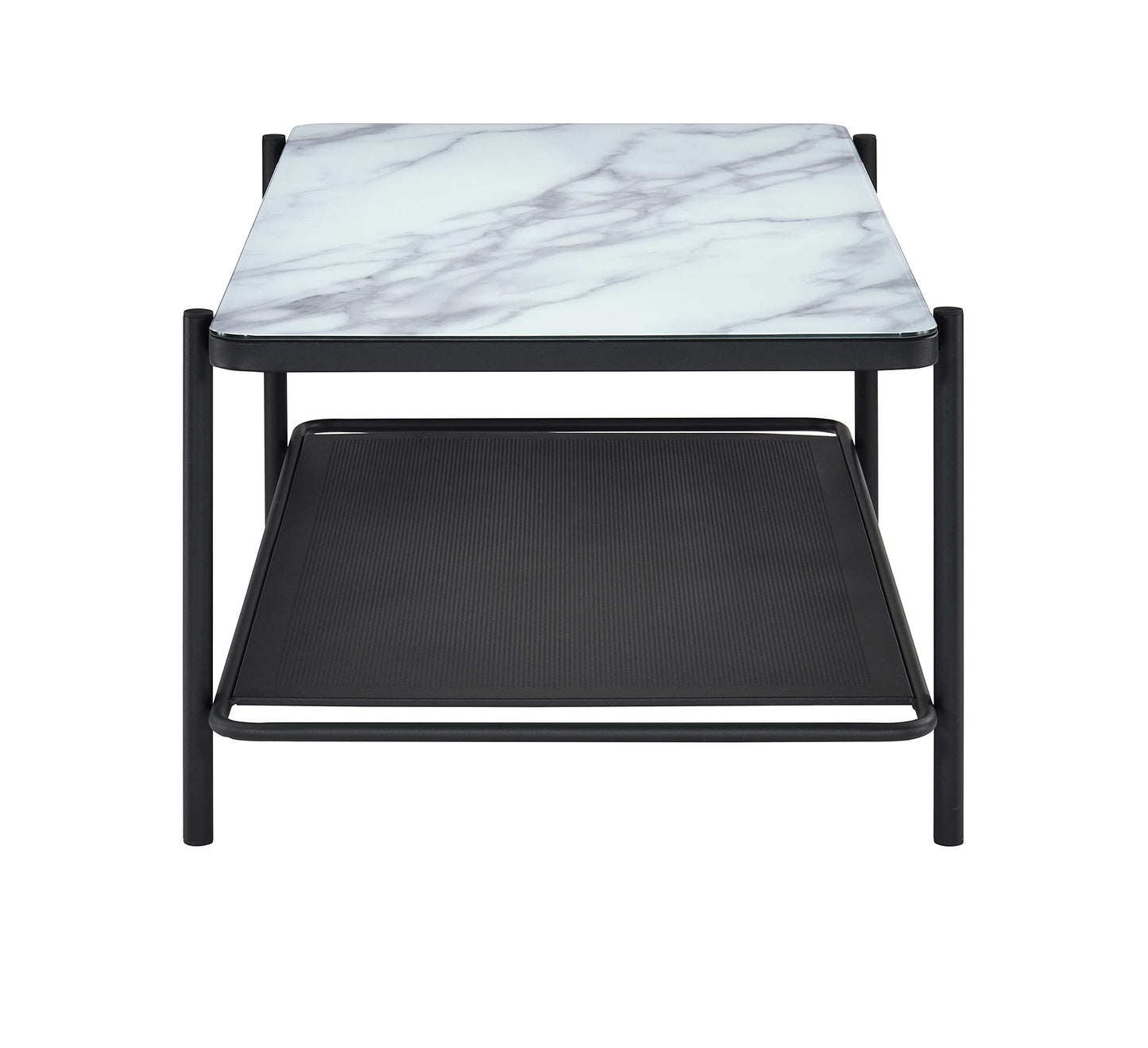 Furniture of America Basil Industrial Faux Marble Top Steel 2-Piece Coffee and End Tables Set with Open Shelves, Black and White