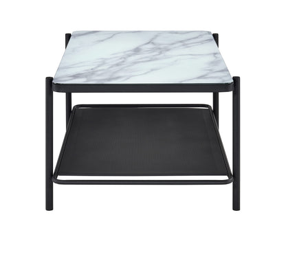 Furniture of America Basil Industrial Faux Marble Top Steel 2-Piece Coffee and End Tables Set with Open Shelves, Black and White