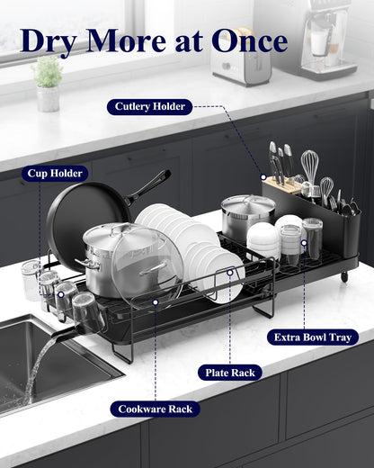 Kitsure Large Dish Drying Rack - Extendable Dish Rack, Multifunctional Dish Rack for Kitchen Counter, Anti-Rust Dish Drainers with Cutlery & Cup Holders 19.2"-26.7" L x 12.9" W, Black