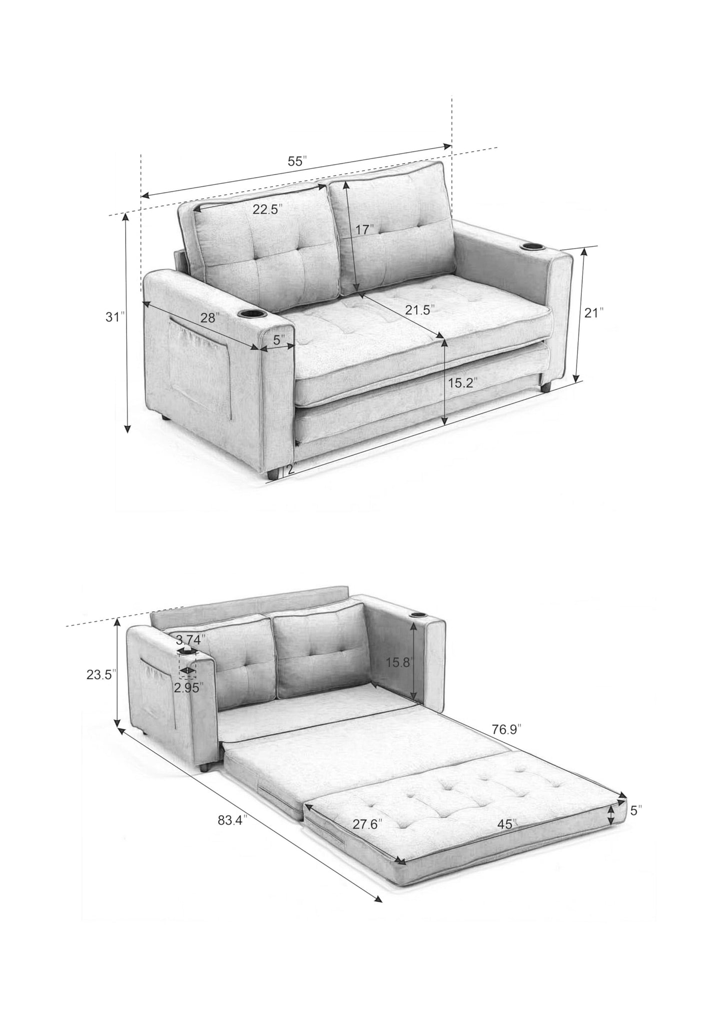 Trygoal Convertible Sofa Bed, Folding Loveseat Sleeper Sofa Bed with Pillows,Fold Out Floor Couch with Cup Holder, Fabric Pull Out Sleeper Couch Bed for Living Room, Bedroom Lounge, Light Gary
