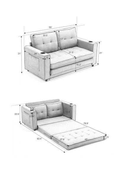 Trygoal Convertible Sofa Bed, Folding Loveseat Sleeper Sofa Bed with Pillows,Fold Out Floor Couch with Cup Holder, Fabric Pull Out Sleeper Couch Bed for Living Room, Bedroom Lounge, Light Gary