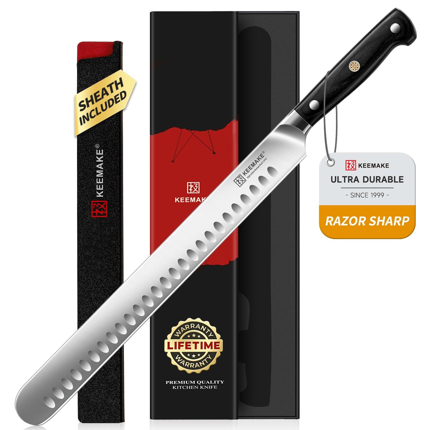 KEEMAKE Brisket Knife, 12‘’ Carving & Slicing Knife with Ergonomic Handle, German High-Carbon Steel, Sheath Included, Razor Sharp for Meat, Roasts, BBQ, Turkey, Grilling Gifts for Men