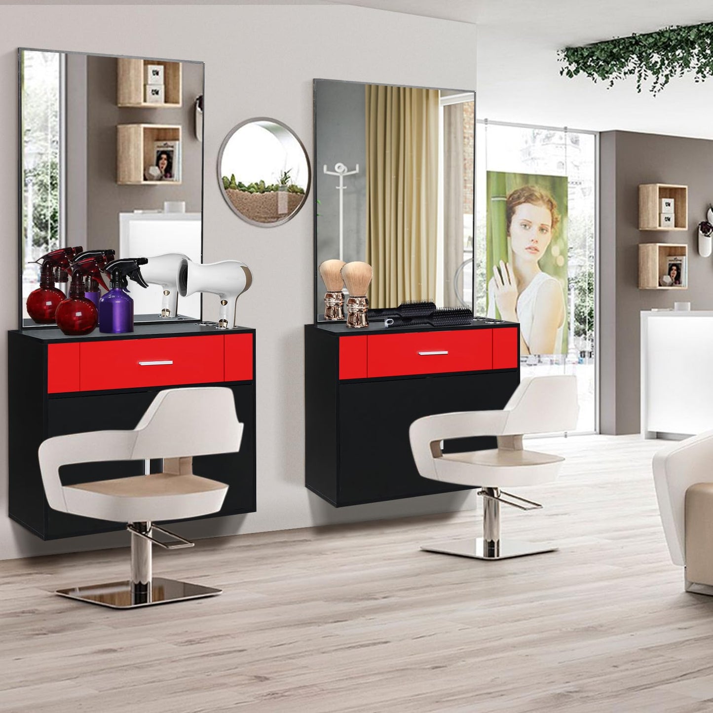 Red Salon Cabinet with Mirror, Professional Hair Styling Station for Home, Makeup Vanity Table Salon Furniture Barber Cabinet Storage Organizer Beauty Salons Equipment