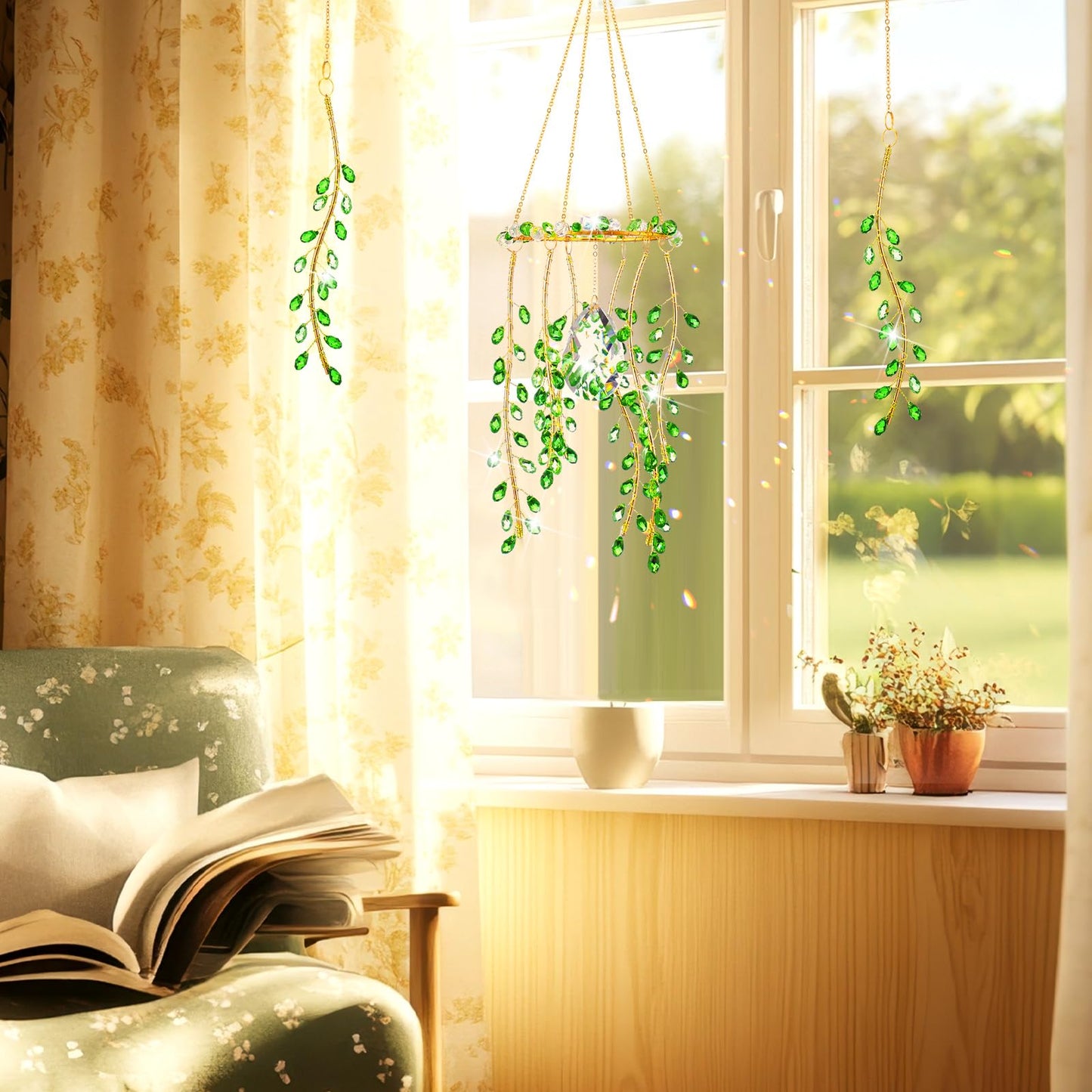 Suncalla 3 Pcs Crystal Suncatchers for Window Boho Decor Plant Sun Catchers Green Plants Artificial Hanging Wind Chime Sun Catchers with Chain Making Rainbow Indoor Outdoor Decor Plant Lover Gift