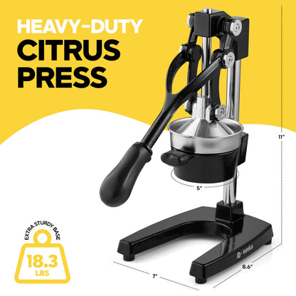 Eurolux Ultra-Premium Cast Iron Juicer | Extra-Large, Heavy Duty, Commercial Grade, Stainless Steel Manual Hand Press Citrus Squeezer For Fresh Orange Juice, Pomegranate, Lemon, and Much More (Black)