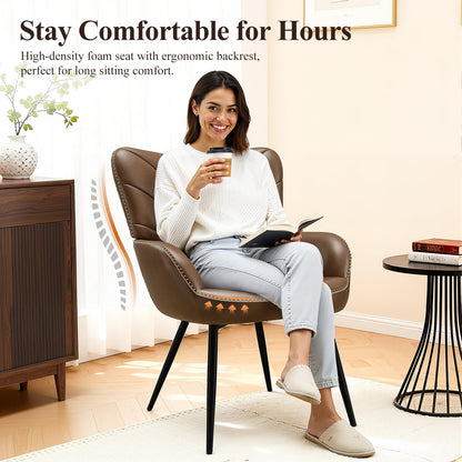 MALOL Mid-Century Modern Faux Leather Accent Chair for Living Room, Upholstered Armchair with Curved Back, High-Density Cushion & Metal Legs, Lounge Chair for Bedroom/Reading Corner,Set of 2
