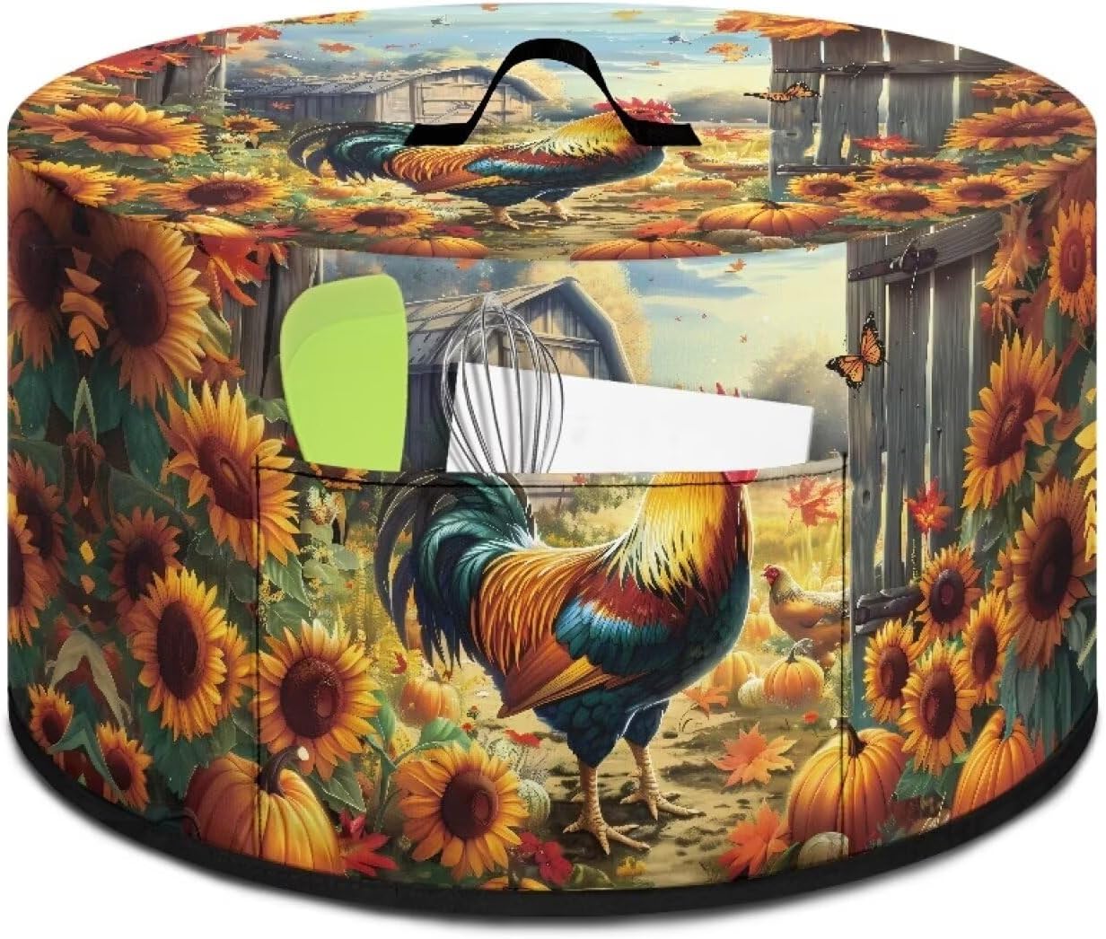 Slow Cooker Dust Cover with Oval Rooster Sunflowers Print, Fits 6-8 Quart Slow Cooker, Pocket Included