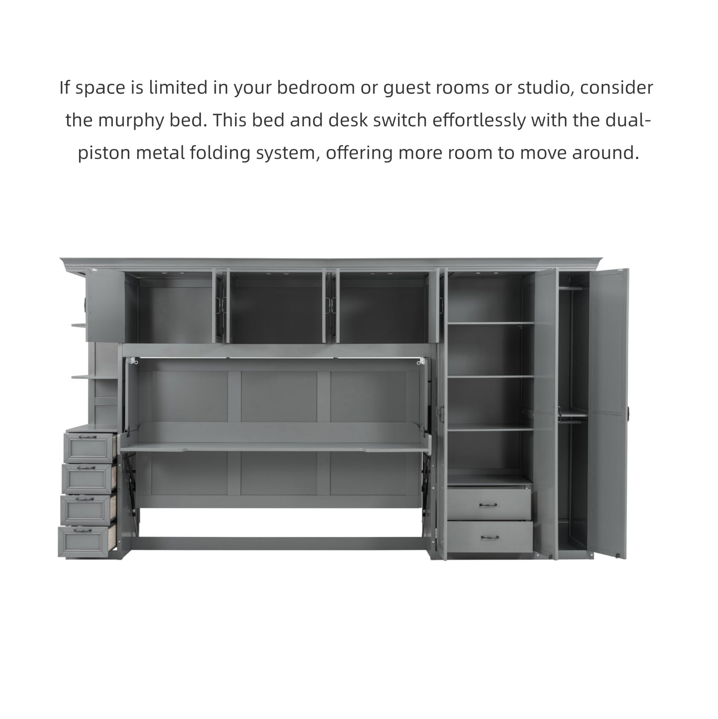 Merax Twin Size Murphy Bed with Desk, Multifunctional Wood Foldable Wall Bed with Wardrobe, Drawers and Cabinet, Space-Saving Hidden Bed for Guest Room Office, No Box Spring Needed, Grey