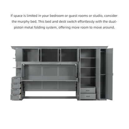 Merax Twin Size Murphy Bed with Desk, Multifunctional Wood Foldable Wall Bed with Wardrobe, Drawers and Cabinet, Space-Saving Hidden Bed for Guest Room Office, No Box Spring Needed, Grey