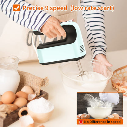 Yomelo 9-Speed Digital Hand Mixer Electric, 400W Powerful DC Motor, Hand Mixer Electric Handheld with Snap-On Storage Case, 5 Stainless Steel Accessories, Beaters, Dough Hooks, Whisk(Ice Blue/Black)
