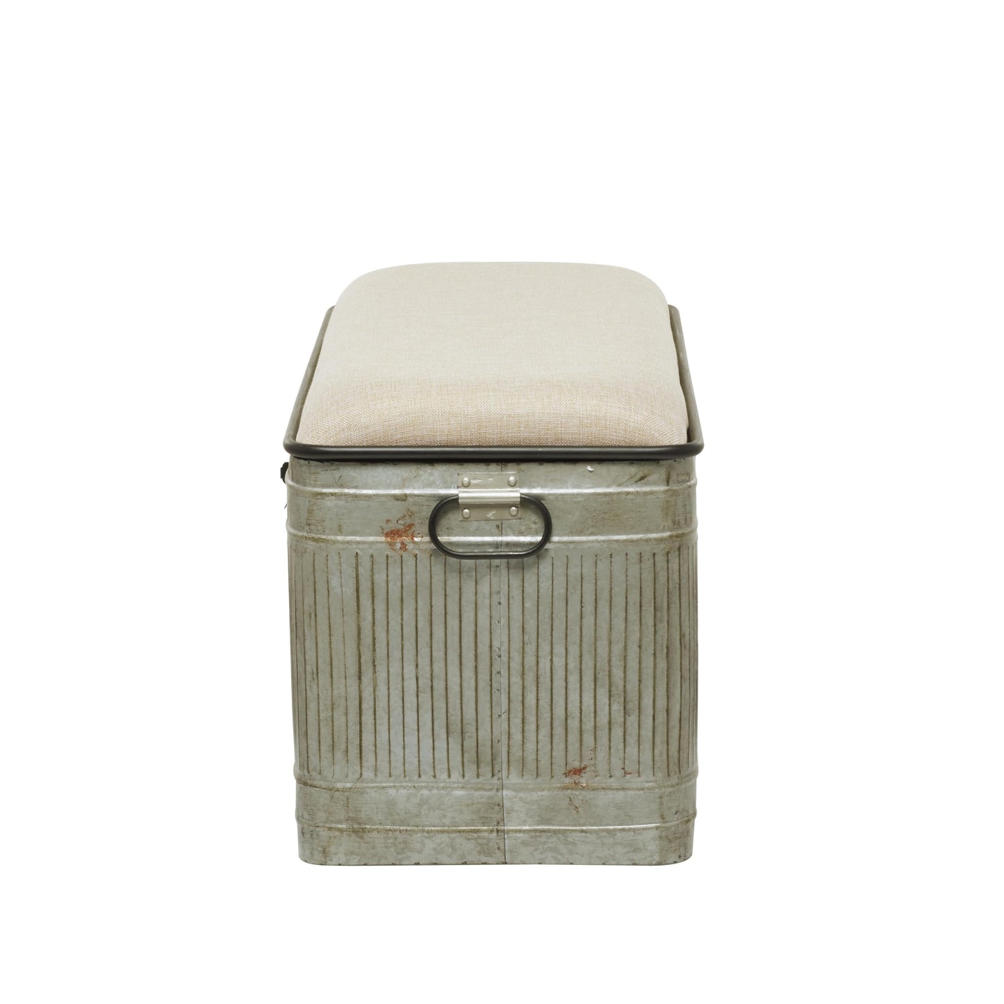 Deco 79 Metal Room Storage Bench Galvanized Entryway Bench with Cream Burlap Top and Black Latches, Bench 38" x 16" x 19", Gray