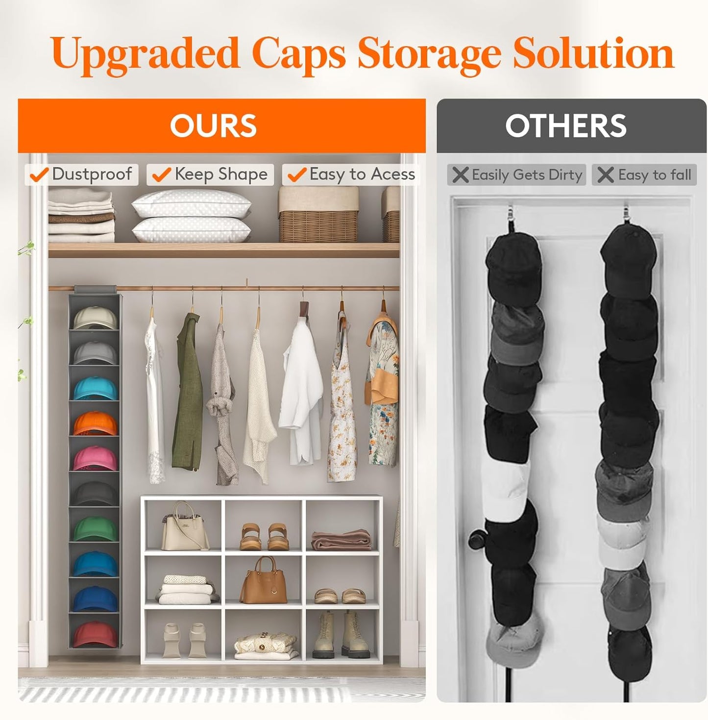 Lifewit 10 Compartments Hat Organizer - 1 Pack Hanging Storage Organizer for Baseball Caps, Holds Up to 40 Hats, Grey