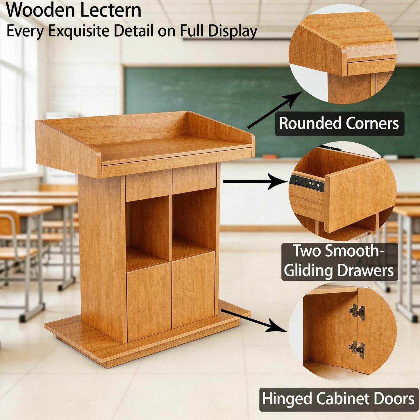 XIHAADOY Wooden Lectern Podium Stand with Lockable Wheels, with Wooden Heavy Base, Mobile Rolling Church Pulpits, Office Wooden Reception Desk, Host Stand for School Conference,Natural