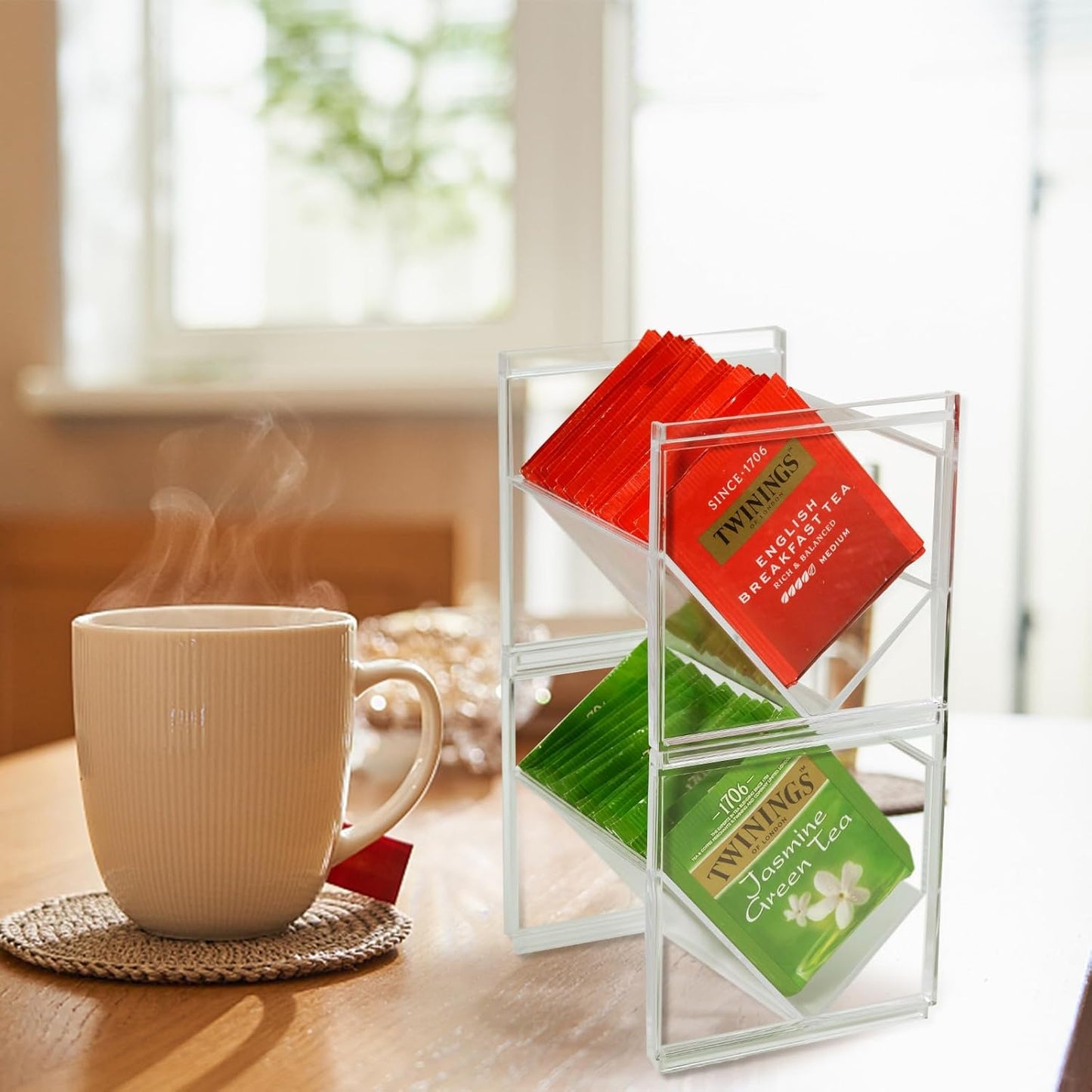 2Pcs Tea Bag Storage Organizer, Stackable Clear Plastic Holder for Drawer Countertop, Coffee Station