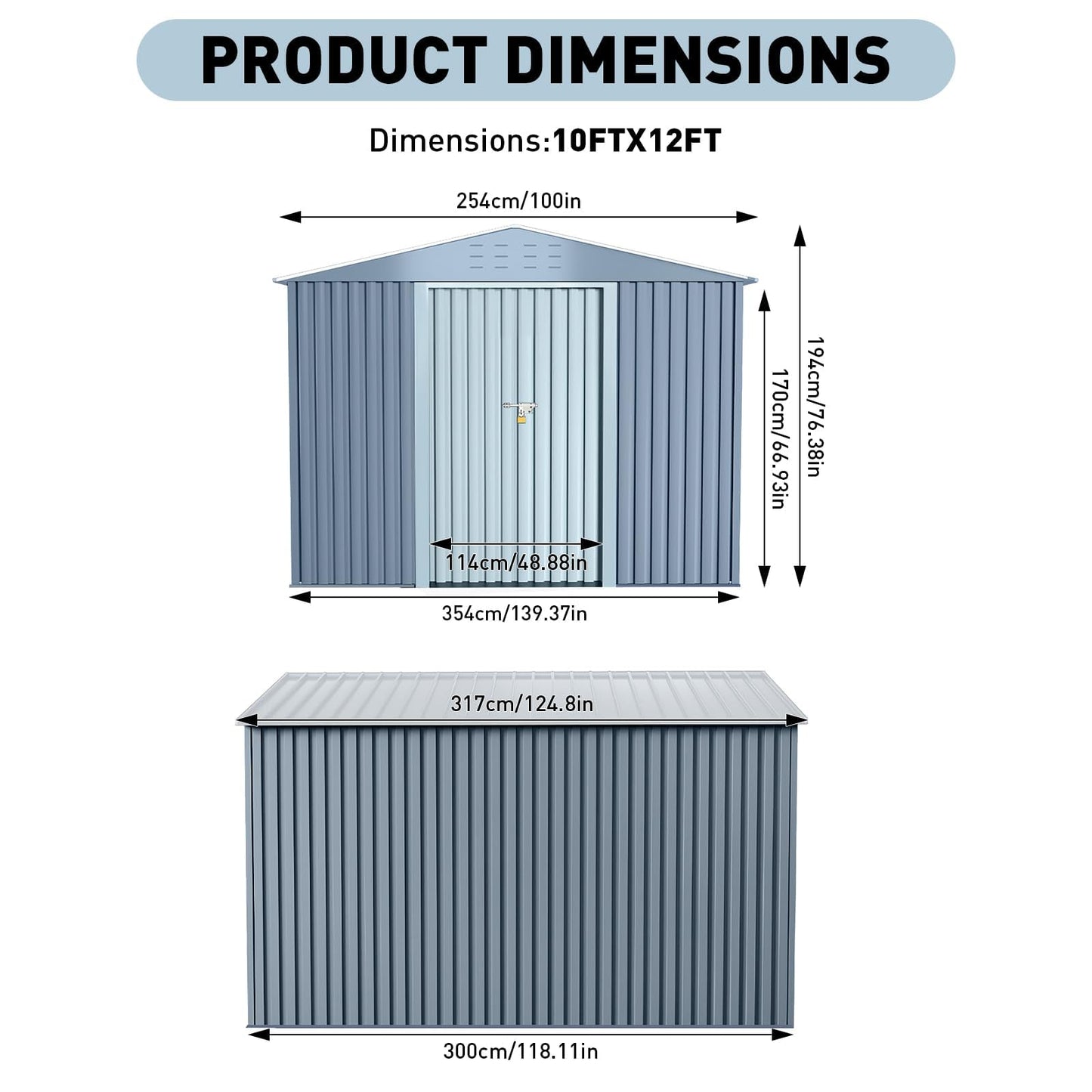 10X12FT Large Metal Outdoor Storage Shed,Galvanized Steel Arden Tool Shed with Lockable Double Doors & Breathable Vent,for Yard Bins/Generator/Wheelbarrow Garden Storage
