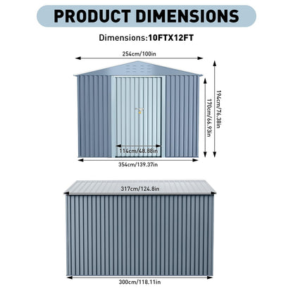 10X12FT Large Metal Outdoor Storage Shed,Galvanized Steel Arden Tool Shed with Lockable Double Doors & Breathable Vent,for Yard Bins/Generator/Wheelbarrow Garden Storage