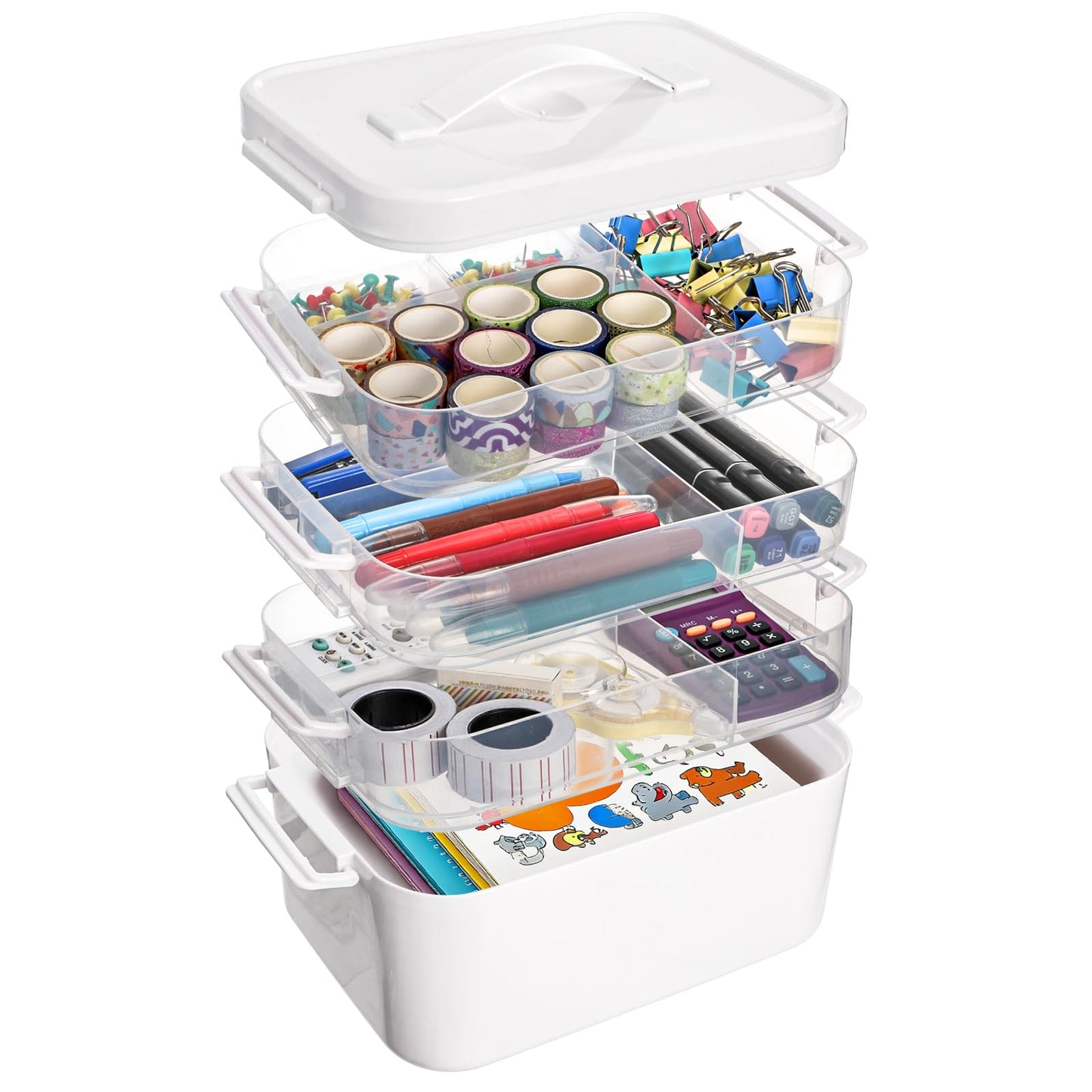 Tebery 4 Tier Plastic Craft Storage Organizer, Clear Stackable Arts Supply Box with Removable Tray, Portable Bead Jewelry Sewing Tool Container Case with Handle, Ideal for Home Studio Travel