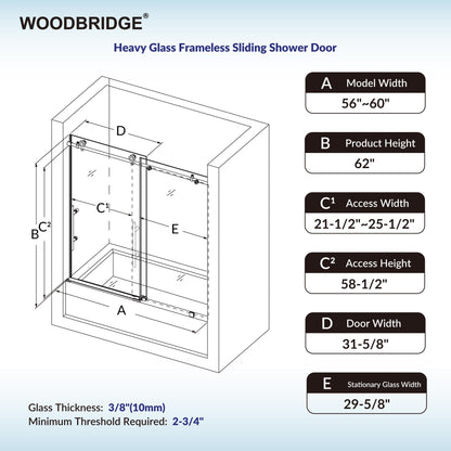 Woodbridge Frameless Bathtub Shower Doors 56-60" Width x 62" Height with 3/8"(10mm) Clear Tempered Glass in Chorme Finish