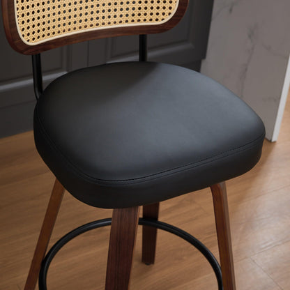 KEIKI Set of 3 Counter Height Bar Stools - 26 inch Rattan Counter Height Stools with Cane Back, Upholstered Seat, Walnut Craftsmanship, Swivel Counter Stools for Kitchen/Counter/Bar, Walnut, Black
