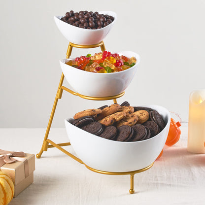 LYEOBOH 3 Tier Serving Bowls Set Tiered Serving Stand, Porcelain Oval Bowls with Collapsible Metal Stand for Entertaining, Party, Dessert Display, Candy, Chip and Dip (Gold)-45oz / 17.5oz / 7oz