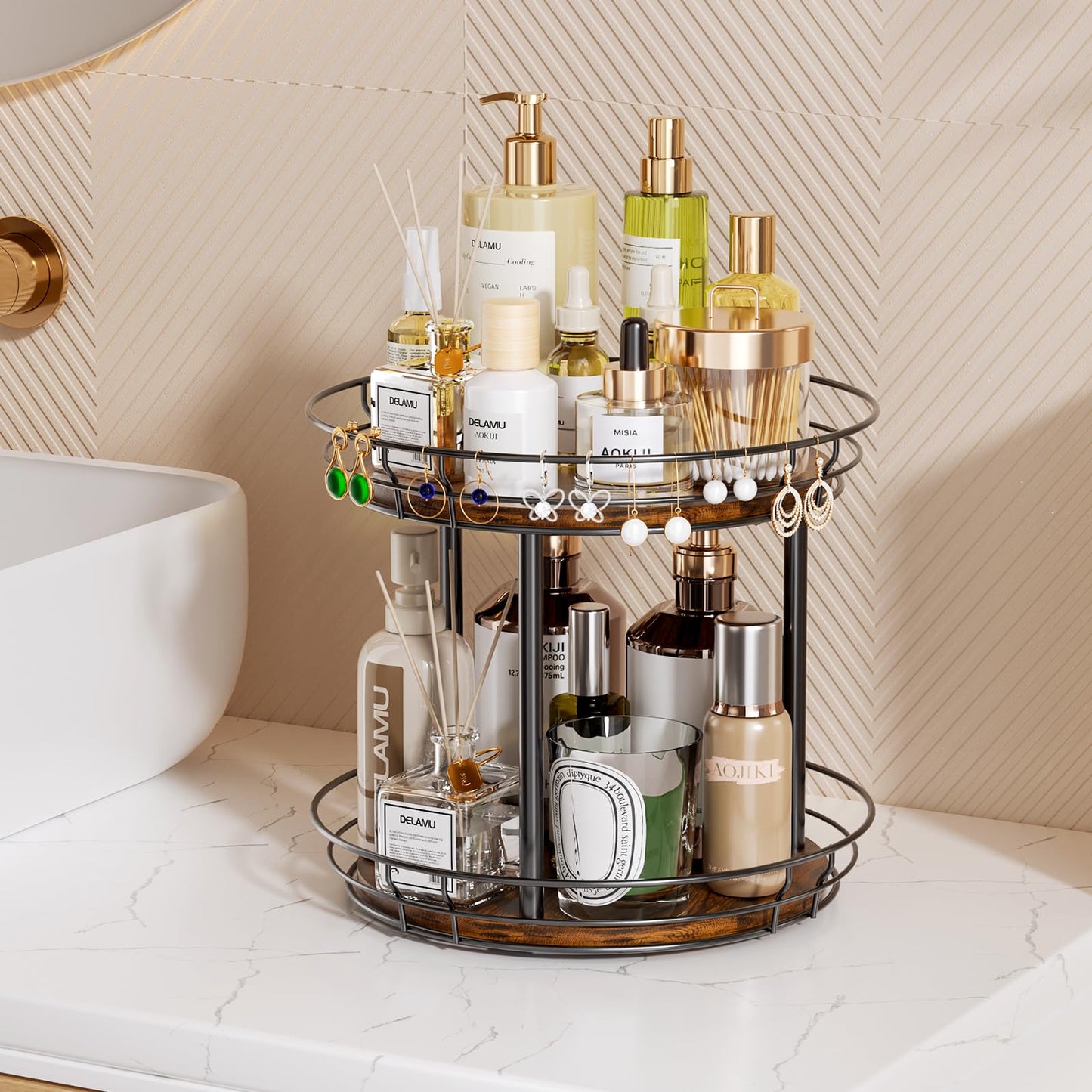 LAMU 10'' Lazy Susan Turntable Organizer, 2 Tier Round Rotating Spice Rack Organization for Kitchen Cabinet and Countertop, Wooden Lazy Susan for Table Top, Pantry, Bathroom, Vanity, Home Decor