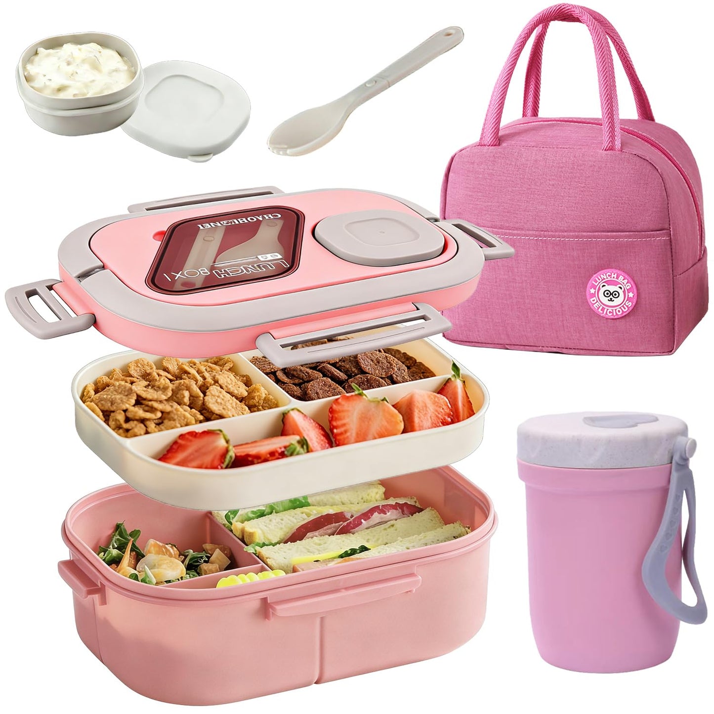 ROMAWARE Lunch Box For Women, Bento Box Adult With 2-Tier Container, Lunch Bag, Sauce Pod, Utensil Set. Lunch Containers, Salad Container. BPA-Free, Microwave/Dishwasher Safe (Pink)