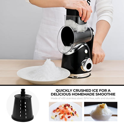 SUSTEAS Rotary Cheese Grater with Handle,Vegetable Slicer with 6 Interchangeable Blades, Reinforced Suction,Easy to Clean,Kitchen Shredder for Crushed Ice,Fruits and Nuts with Blade Storage Case,Black
