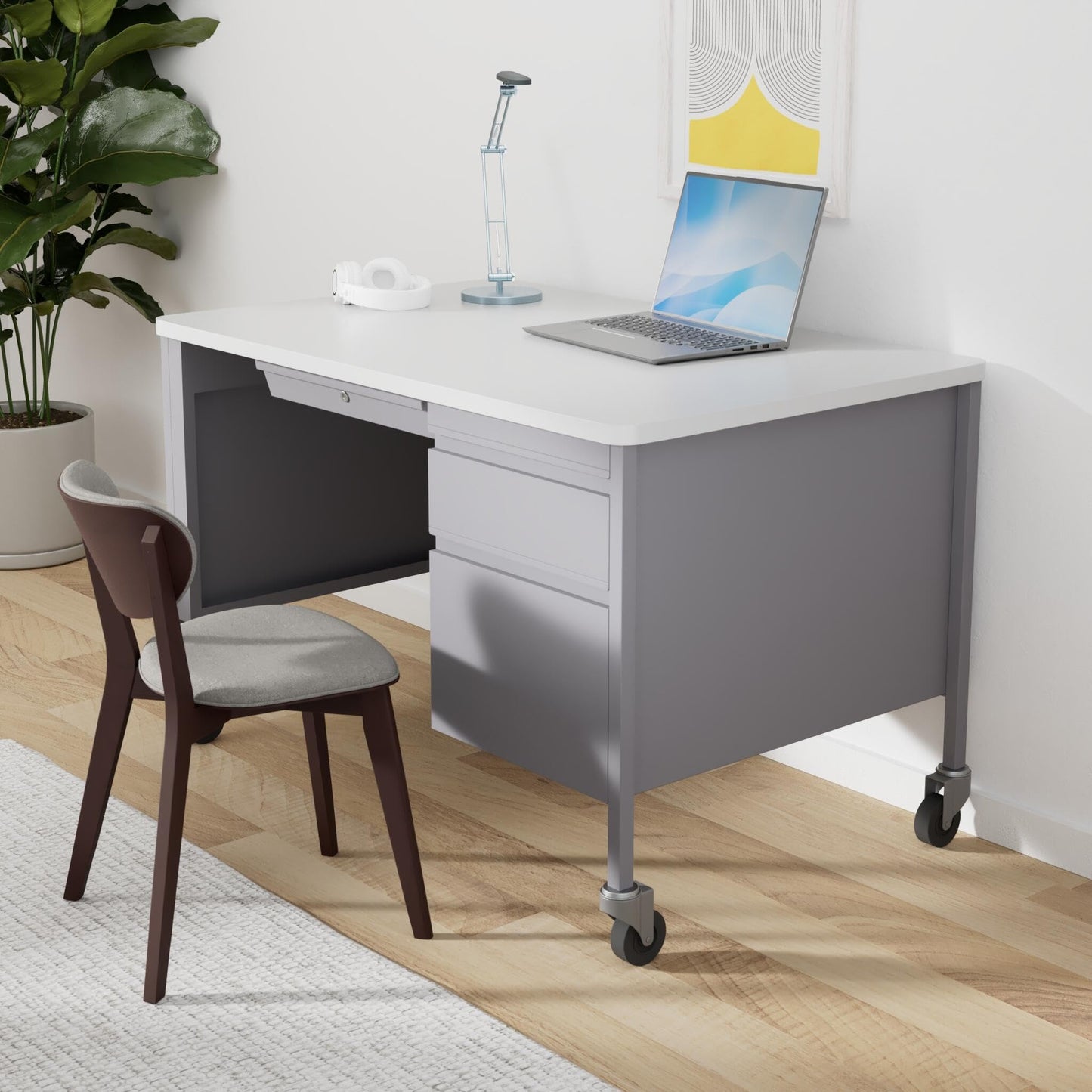 Lorell Fortress White/Platinum Steel Teachers Desk