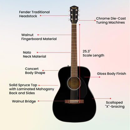 Fender CC-60S Solid Top Concert Acoustic Guitar - Black Bundle with Gig Bag, Tuner, Strap, Strings, Picks, and Austin Bazaar Instructional DVD
