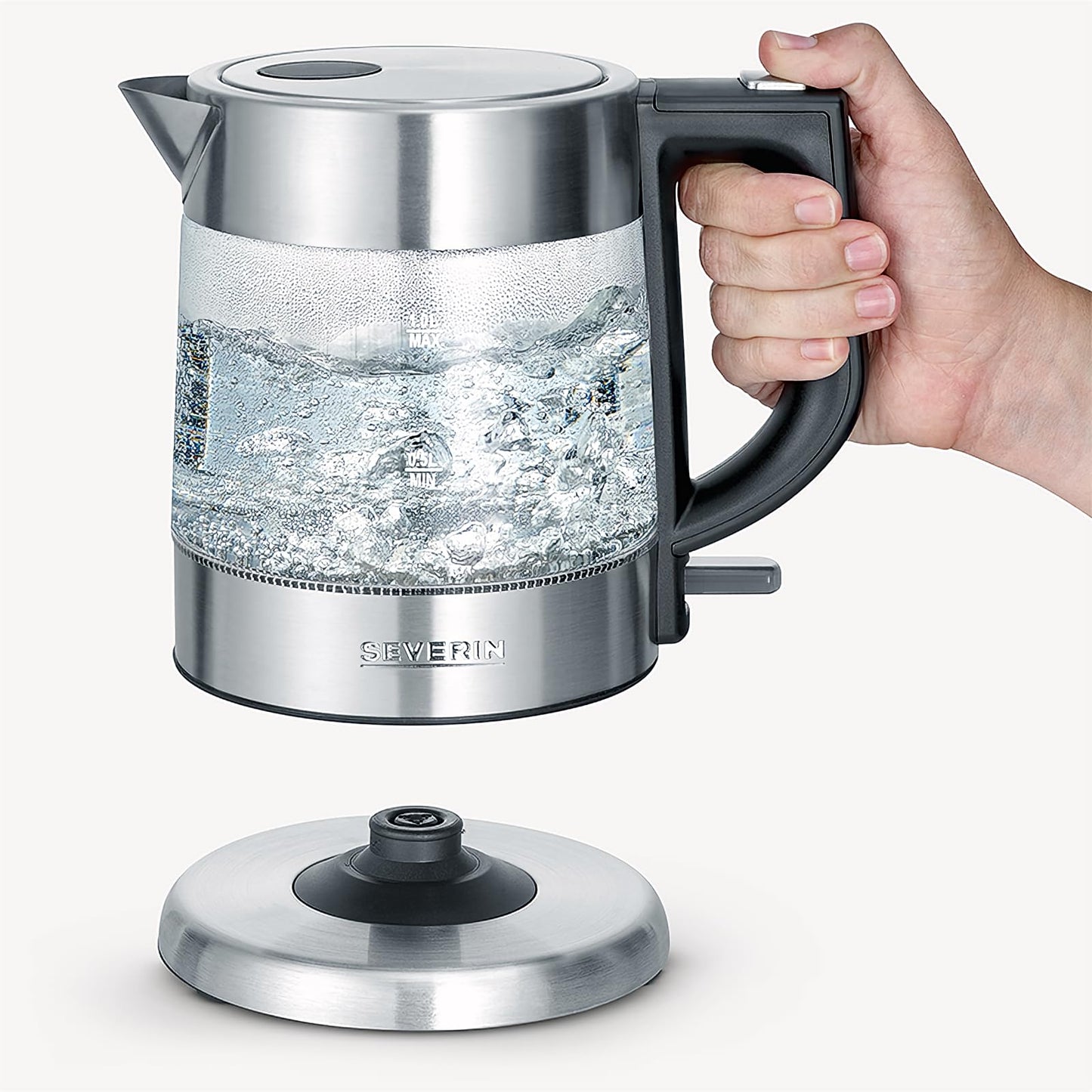 SEVERIN Glass Kettle, Powerful and Compact Kettle in High-Quality Design, Electric Kettle with Limescale Filter, Stainless Steel/Black, WK 3468, Kettle for 1 Litre