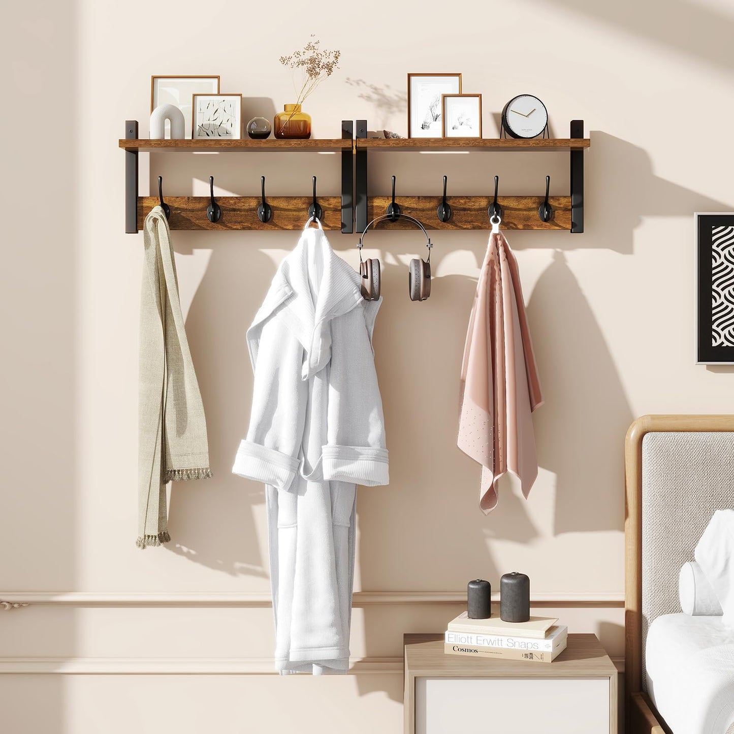 YMYNY Coat Rack Shelf Wall Mounted, Coat Hooks Set of 2, Entryway Coat Hanger with 8 Hooks, 31.5" Wall Floating Shelf with Hat Rack, for Kitchen, Bedroom, Bathroom, Rustic Brown UHWS001H-2