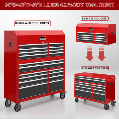 Tool Chest 18-Drawer | 66'' Large Rolling Tool Chest with Wheels | Detachable Top Metal Tool Box with Gas Struts | Lockable Rolling Tool Cabinet with Liners,Power Strip | Garage, Repair Shop, Workshop
