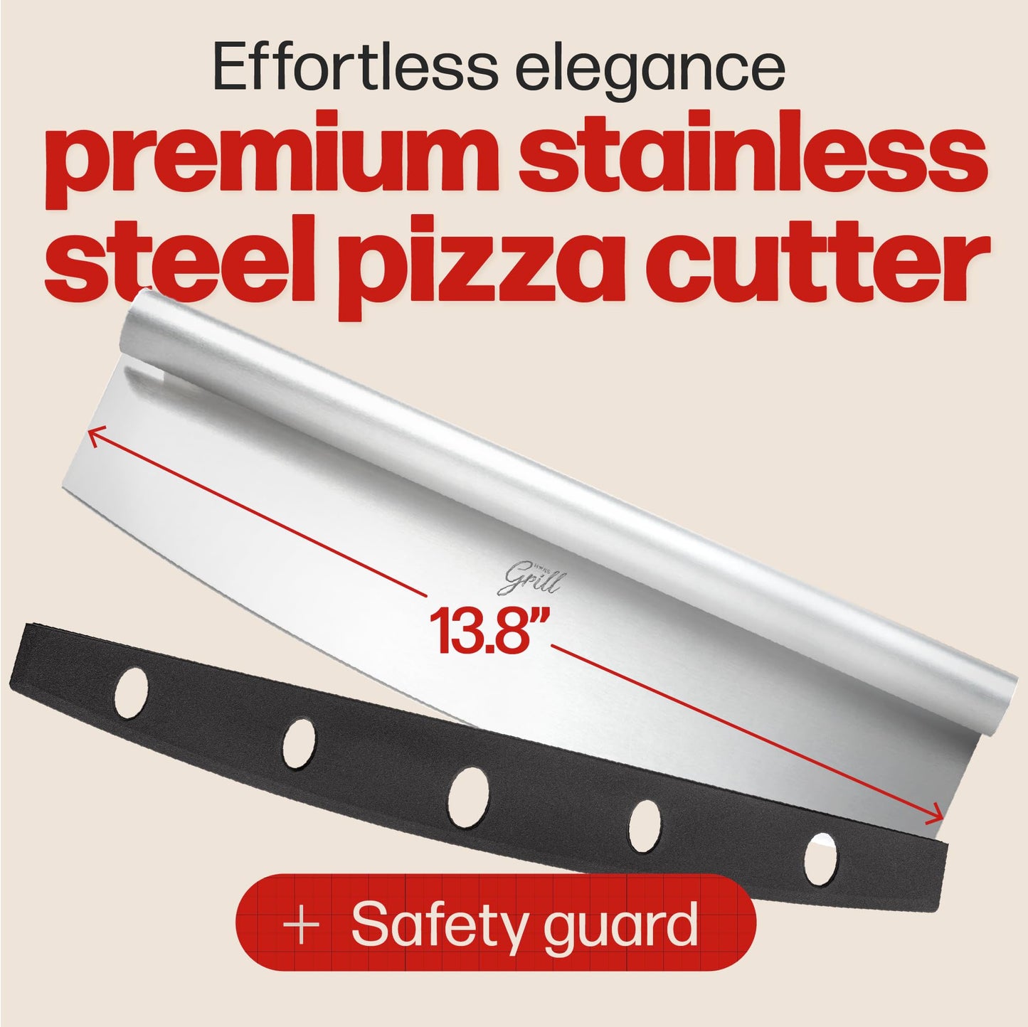 Pizza Cutter Rocker Blade By Hans Grill 14" Large Pizza Slicer Sharp | Stainless Steel Rocking Pizza Knife Cutter | Professional Nonstick Pizza Cutter Rocker Knife With Safety Cover | Dishwasher Safe