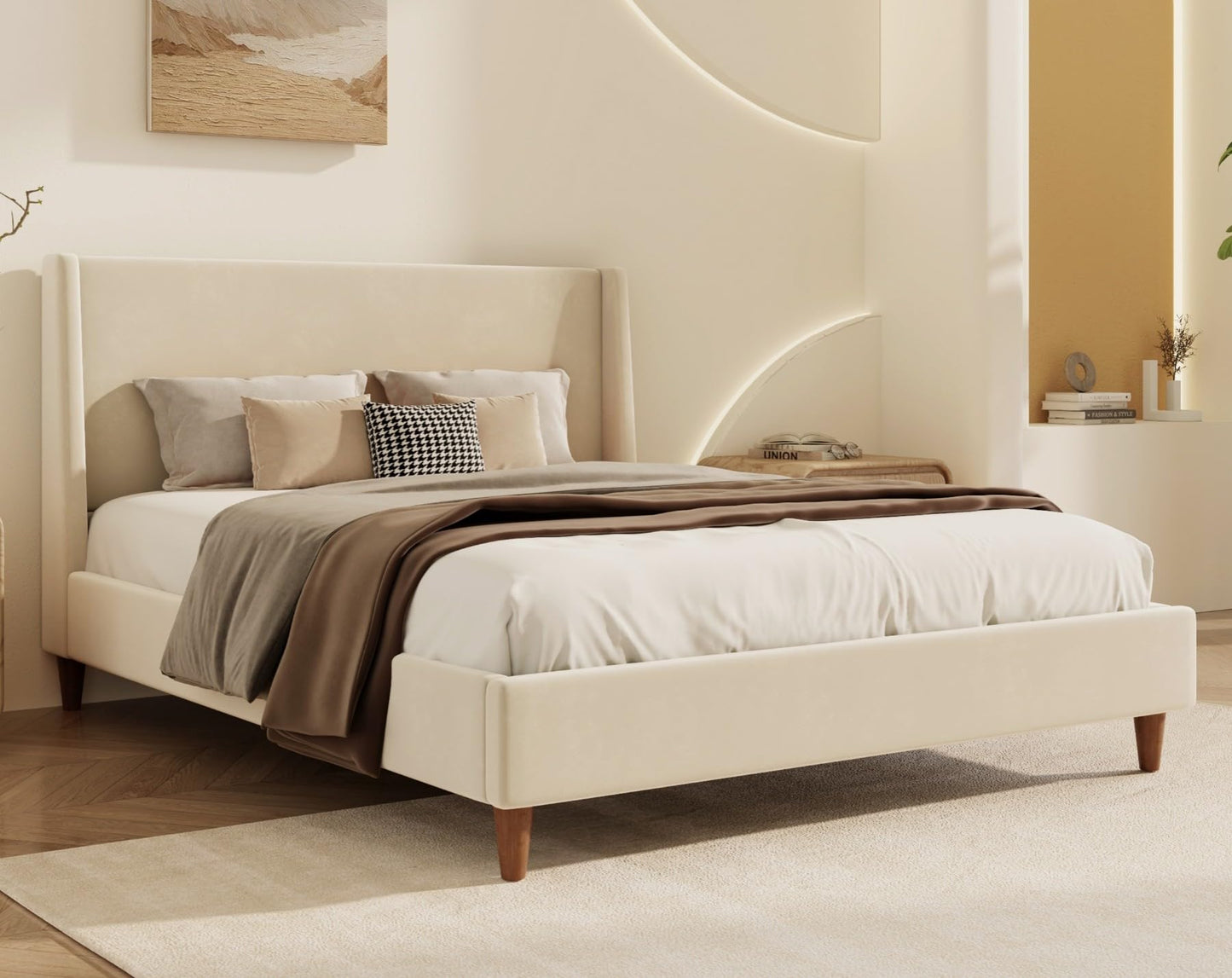 Merax Velvet Queen Size Bed Frame with Wingback Headboard, Solid Wood Upholstered Platform with Round Legs, No Box Spring Needed, Beige