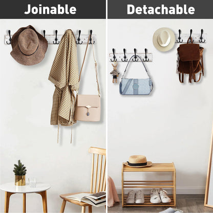 Kuhome 32.2'' Large Coat Rack Wall Mount Coat Hooks with 8 Metal Black Triple-Hooks Old White Pine Real Wood Plank Hat Rack for Wall Hooks