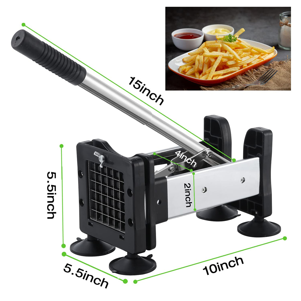 Votron French Fry Cutter Potato Cutter Stainless Steel with 2 Size Durable Blades for Vegetables, Potato, Onions, Carrots, Cucumbers, Fruits, Apples