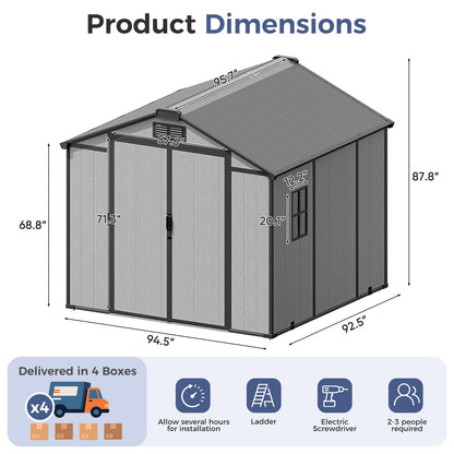 CDCASA 8x8x7 FT Resin Shed with Floor Included, Steel‑Reinforced Large Waterproof Outdoor Storage Sheds with Base & Lockable Door & Window & Vents, Outside Plastic Tool for Outside Patio Backyard
