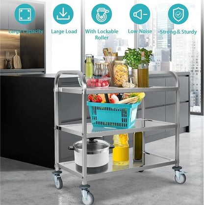 Shelf 3 Tier Stainless Steel Utility Cart, Kitchen Cart, Rolling Service Cart with Island, Storage Shelf for Catering with Locking Wheels Organizer Rack