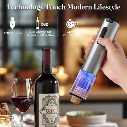 HomeHacks Electric Wine Opener - Automatic Rechargeable Opener with Foil Cutter & Vacuum Stopper | Perfect Gift for Wine Lovers